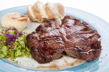 steak roast beef with steamed potatoes on white background