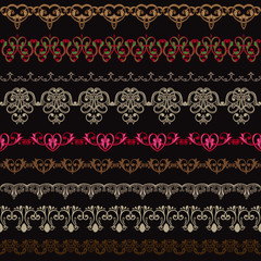 Collection of luxurious vintage borders on a black background. Vector illustration.