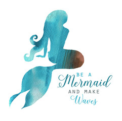 Hand-drawn watercolor beautiful mermaid character illustration. Sea template for poster, card, invitation. Mermaid silhouette 
