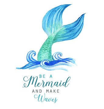 Hand-drawn watercolor beautiful mermaid character illustration. Sea template for poster, card, invitation.