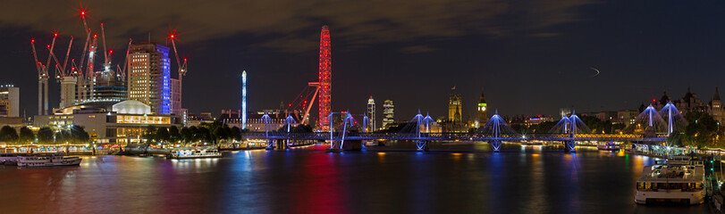 Fototapeta na wymiar London - The nightly panorama of the City with the Big Ben and the London Eye.