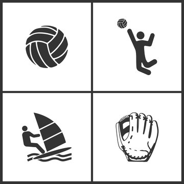 Vector Illustration of Sport Set Icons. Elements of Ball, Volleyball, Windsurfing and Baseball glove  icon