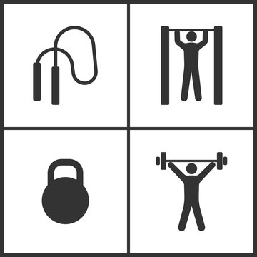 Vector Illustration of Sport Set Icons. Elements of The skipping rope, Horizontal bar and man, Dumbbell and Weightlifter icon