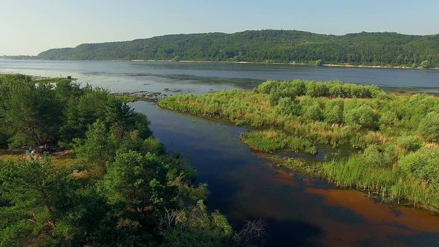 aerial view of river and the islands 4K, forest and river, Very high view of the river forest at sunrise, Aerial view of mystical river and hills