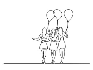 Continuous line drawing. Young women with air balloons. Vector illustration
