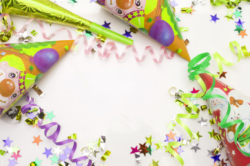 Greeting card for carnival party. hat and candles on white background.