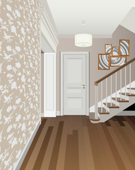 Vintage interior of the hallway with a staircase. Design of modern hallway. Symbol furniture, hallway illustration