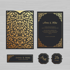 Wedding invitation or greeting card with vintage ornament. Paper lace envelope template. Wedding invitation envelope mock-up for laser cutting. Vector illustration.