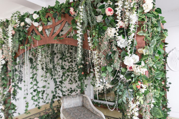 photographic studio with modern lighting equipment. Light spring room studio interior. Luxury decor with daylight.