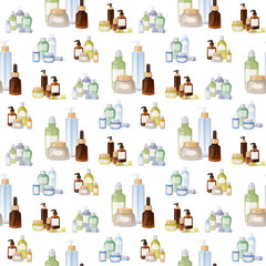 Bottles of cosmetic cosmetology lotion makeup beauty plastic liquid cream container fluid pack vector seamless pattern background illustration.