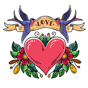 Red heart decorated with flowers. Two bluebirds carry ribbon with lettering LOVE over heart. Old school tattoo.