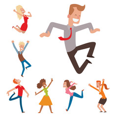 People jumping in celebration party vector happy man jump celebration joy character. Cheerful woman active happiness expression many joyful friends portrait.