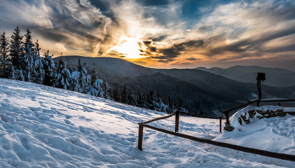 Sunset in mountains Beskydy