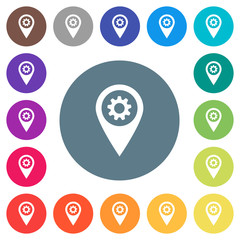 GPS map location settings flat white icons on round color backgrounds
