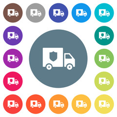 Fototapeta na wymiar Money deliverer truck flat white icons on round color backgrounds