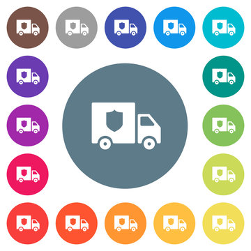 Money deliverer truck flat white icons on round color backgrounds