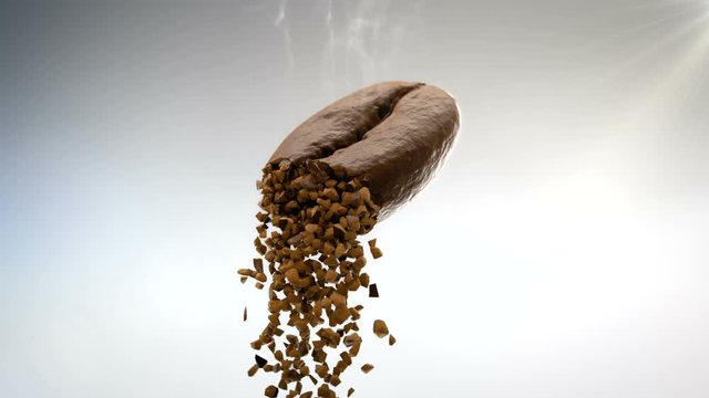 Closeup 3D CGI video of hot roasted coffee bean flying in air and crumbling in pieces of instant coffee dust