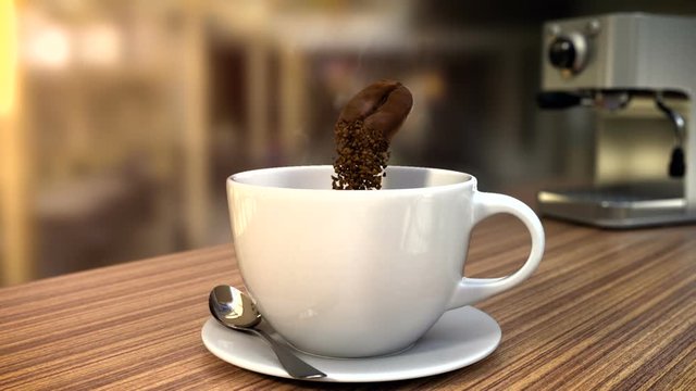 3D CGI video of coffee bean slowly flying over cup on table at cafe and crumbling in instant coffee pieces. Steam flowing from cup of coffee