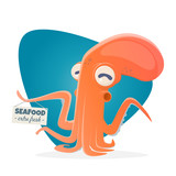 funny cartoon octopus with seafood sign