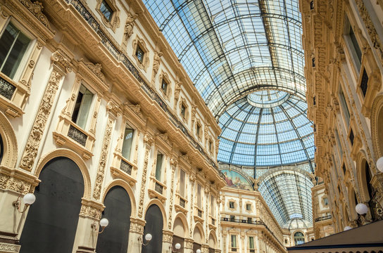 Vittorio Emanuele gallery in Square Piazza Duomo at morning, Milan, Italy.