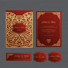 Wedding invitation or greeting card with vintage ornament. Paper lace envelope template. Wedding invitation envelope mock-up for laser cutting. Vector illustration.