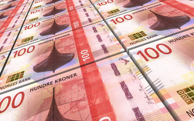Norwegian krone bills stacks background. 3D illustration.