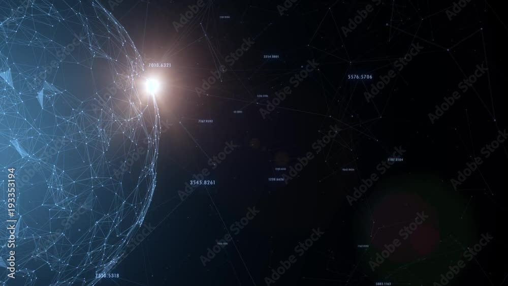 Wall mural network data earth with motion lines, dots and sun light rotating on the left side of the screen. gr