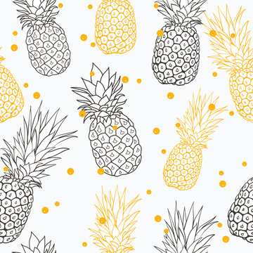 Vector yellow grey pineapple polka dot summer tropical seamless pattern background. Great as a textile print, party invitation or packaging.