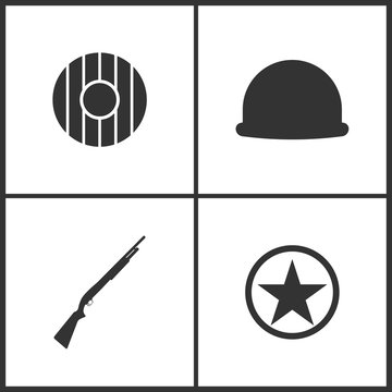 Vector Illustration of Weapon Set Icons. Suitable for use on web apps, mobile apps and print media. Elements of Shield, Soldier helmet, Shotgun and Sheriff star icon