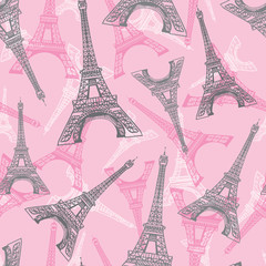Fototapeta na wymiar Vector Pink Grey Eifel Tower Paris Seamless Repeat Pattern. Perfect for travel themed postcards, greeting cards, invitations, packaging.