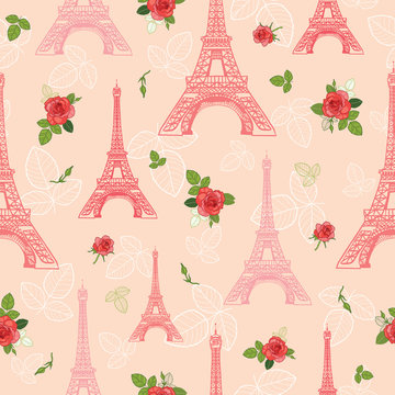 Vector Pink Red Eifel Tower Paris and Roses Flowers Seamless Repeat Pattern Surrounded By St Valentines Day Romantic Love. Perfect for travel themed postcards, greeting cards, wedding invitations.