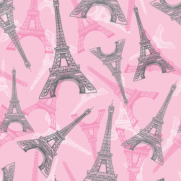Vector Pink Grey Eifel Tower Paris Seamless Repeat Pattern. Perfect for travel themed postcards, greeting cards, invitations, packaging.