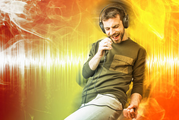 Young man dancing to the sound of the music, singing karaoke, surrounded by soundwaves, illustration concept