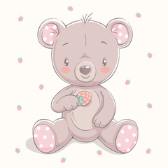 Obraz premium Ładny mały miś z truskawką kreskówka ręcznie rysowane ilustracji wektorowych. Może być stosowany do nadruku na koszulce dziecięcej, projektowania modowego nadruku, odzieży dziecięcej, uroczystości baby shower, karty okolicznościowej i zaproszenia.