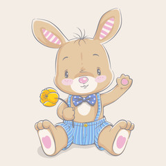 Cute little bunny with a flower cartoon hand drawn vector illustration. Can be used for baby t-shirt print, fashion print design, kids wear, baby shower celebration, greeting and invitation card.