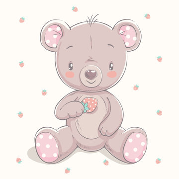 Cute little bear with a strawberry cartoon hand drawn vector illustration. Can be used for baby t-shirt print, fashion print design, kids wear, baby shower celebration, greeting and invitation card.