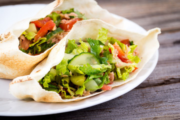 tuna salad pita sandwich closeup dish