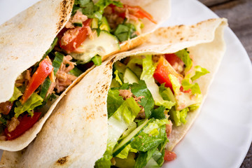 tuna salad pita sandwich closeup dish