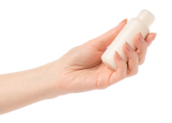 Cosmetic travel bottle, hotel bathroom shampoo shower gel lotion in hand