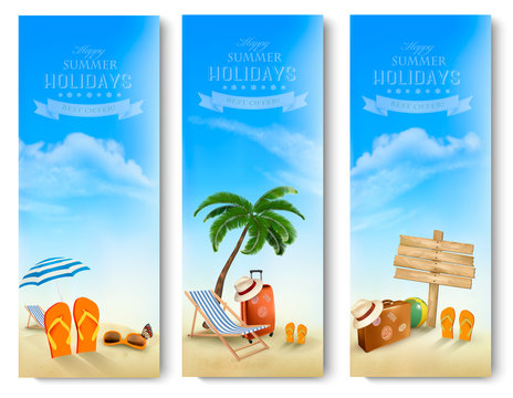 Tropical seaside with palms, a beach chair and a suitcase. Vacation bnners. Vector.