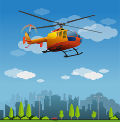 Obraz na płótnie Canvas Vector illustration, rescue helicopter flight on the city