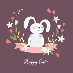 Card with cute cartoon Easter bunny. Vector illustration.
