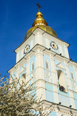 View of St. Michael's Golden-Domed Monastery and blooming tree
