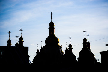 11th century Saint Sophia Cathedral silhouette at sunset in Kyiv, Ukraine