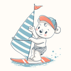 Cute baby bear windsurfer cartoon hand drawn vector illustration. Can be used for baby t-shirt print, fashion print design, kids wear, baby shower celebration greeting and invitation card.