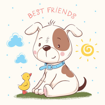 Cute puppy and duckling cartoon hand drawn vector illustration. Can be used for baby t-shirt print, fashion print design, kids wear, baby shower celebration, greeting and invitation card.