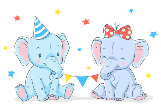 Cute elephants girl and boy cartoon hand drawn vector illustration. Can be used for baby t-shirt print, fashion print design, kids wear, baby shower celebration, greeting and invitation card.