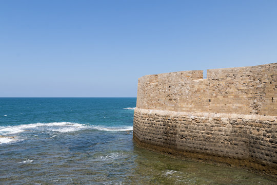 Acre (Ako) Old City Walls by the Mediterranean Sea