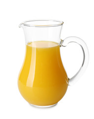 Glass jug with fresh orange juice on white background