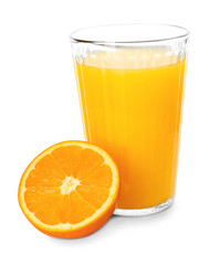 Glass of fresh orange juice with slice on white background
